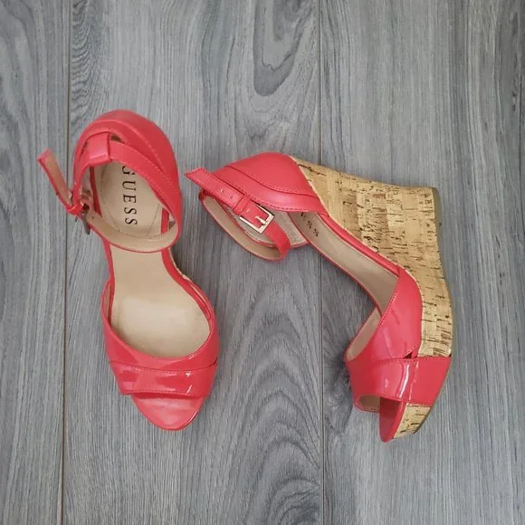 Guess Kalisa Open Toe Platform Wedge Sandals Patent Red Size 7 - Picture 12 of 12